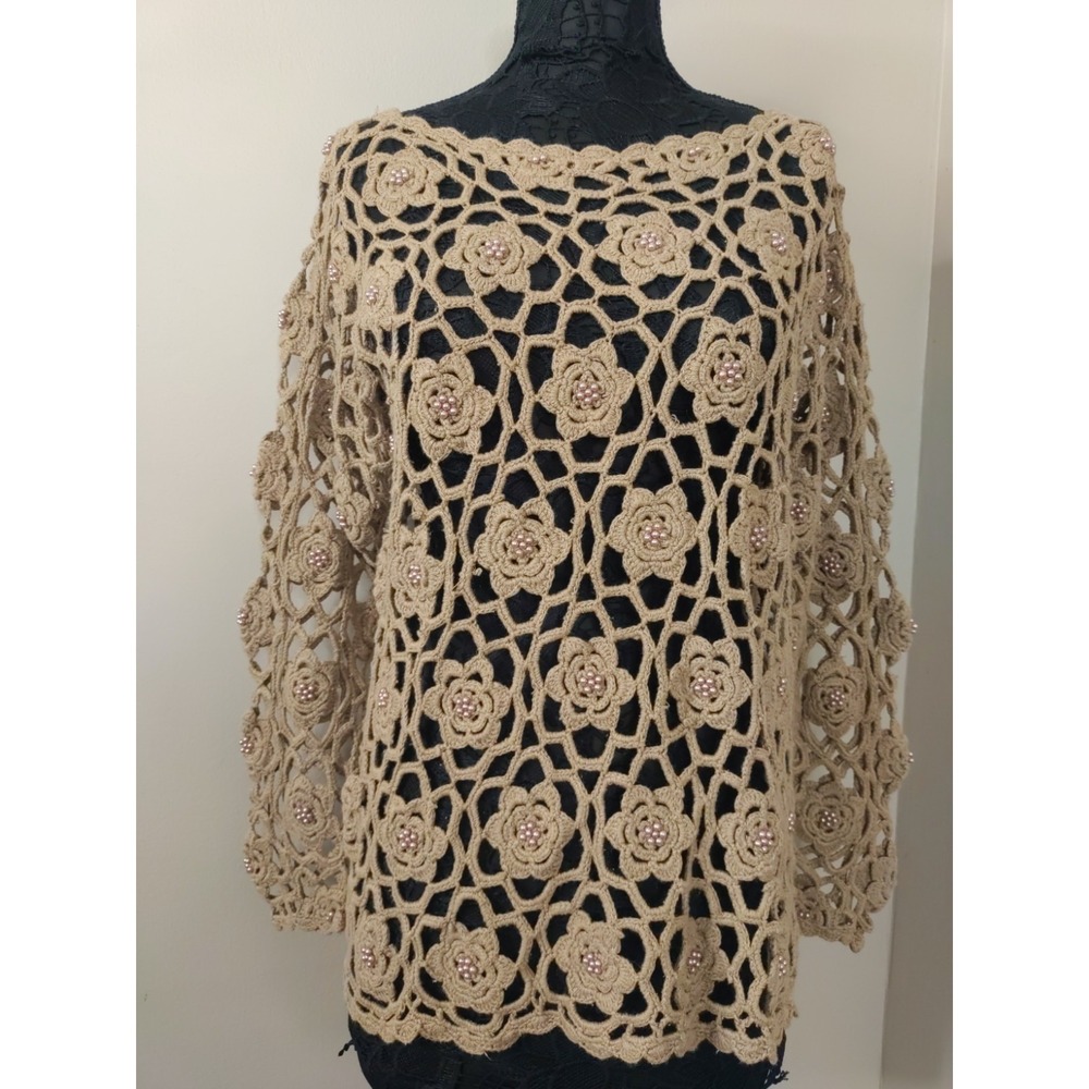 Reference Point Brown Pink Beaded Floral Crochet  Longsleeve Sweater  Size M